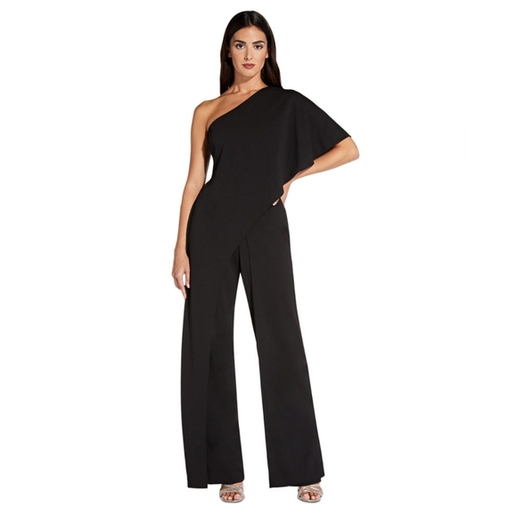 🔥Adrianna Papell Elegant Black One-Shoulder Jumpsuit